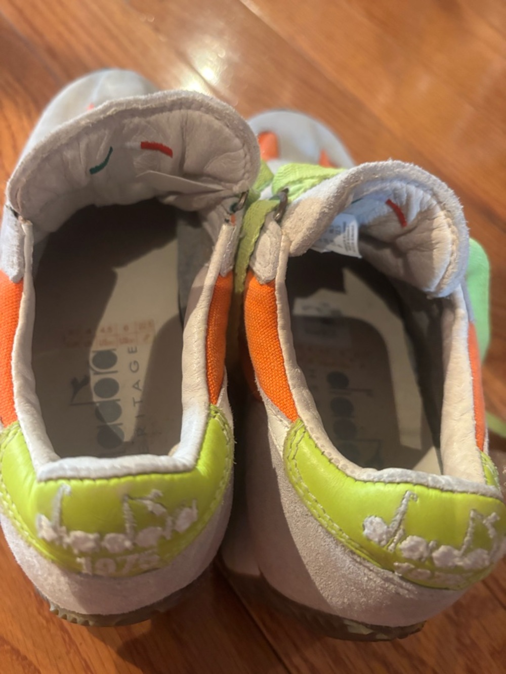 Diadora Gray Suede Sneakers with Orange Panels and Lime Laces - Picture 9 of 10